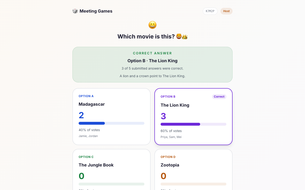 Emoji Master reveal screen showing the correct answer The Lion King with an explanation and vote counts